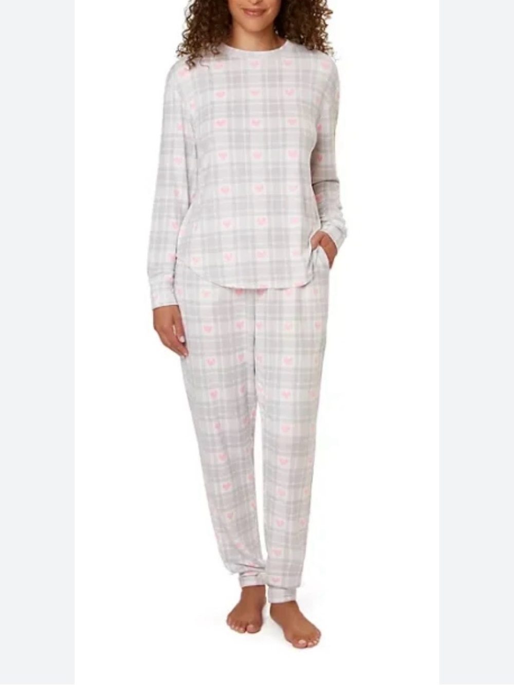 LOFT Women's Plaid Heart Print Pajama Set in White and Pink